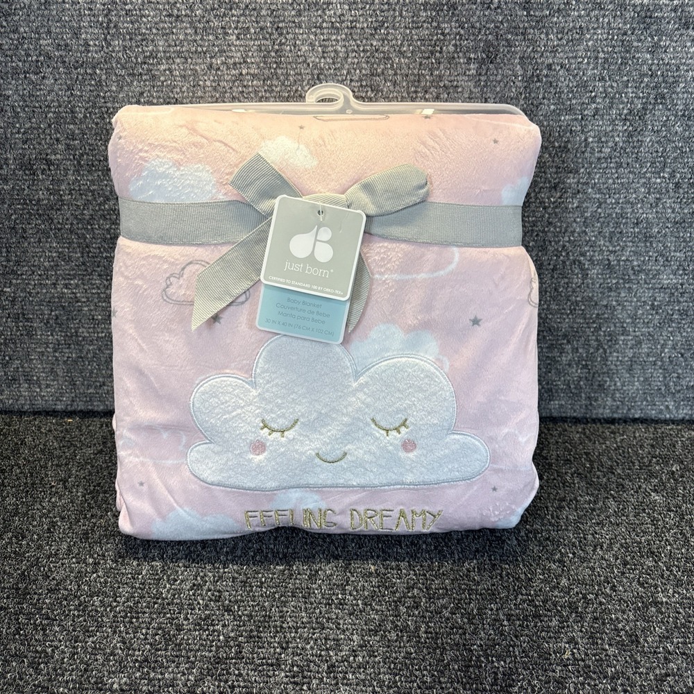 Just Born~Baby‎ Girl~Feeling Dreamy Pink/Gray~Clouds Sherpa Plush Blanket~30x40